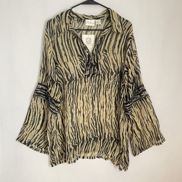 Adini Tops - NWT Adini Blouse 2X Animal Print Sheer Tunic Bell Sleeve Boho Artsy Top Zebra